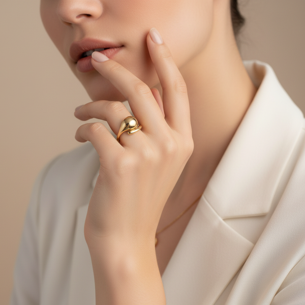 7 - CROSSOVER TEAR DROP LADIES RING IN (SAUDI) 18K YELLOW GOLD