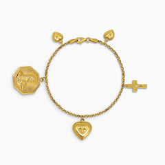 PERPETUAL HELP AND SACRED HEART WITH CRUCIFIX CHAIN BRACELET IN (SAUDI) 18K YELLOW GOLD
