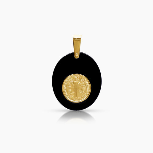 SAINT BENEDICT WITH BLACK ONYX MEDAL (24 MM) IN (ITALIAN) 18K YELLOW GOLD