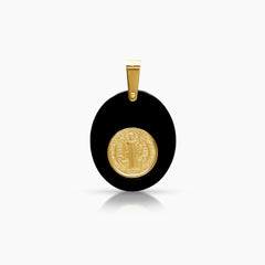 SAINT BENEDICT WITH BLACK ONYX MEDAL (24 MM) IN (ITALIAN) 18K YELLOW GOLD