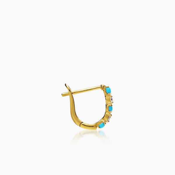 DIAMONDS AND TURQUOISE LADIES HOOP EARRINGS WITH 4TQ=0.14 / 6=0.22 / 1.41  CARAT DIAMONDS IN 18K YELLOW GOLD