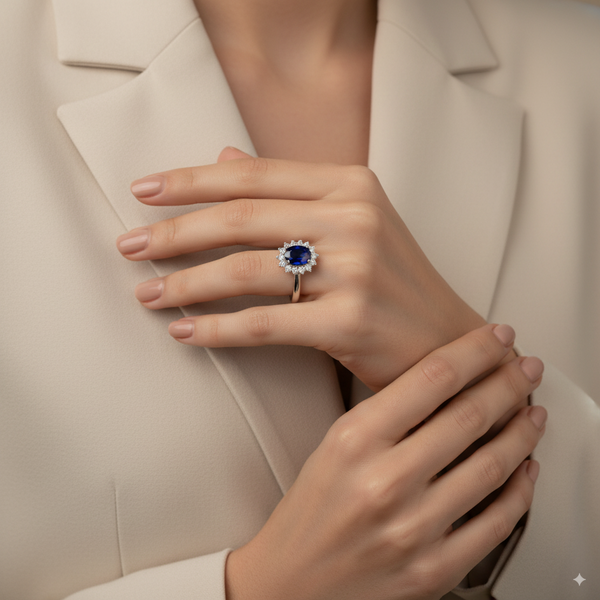 7 - DIAMOND AND SAPPHIRE LADIES RINGS WITH 1SAPPAZ=0.96 / 14=0.X CARAT DIAMONDS IN 18K WHITE GOLD