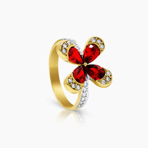 7 - CLOVER RUBY LADIES RING WITH CUBIC ZIRCONIAN STONE IN (SAUDI) 18K YELLOW GOLD