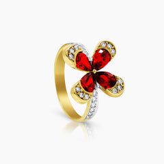 7 - CLOVER RUBY LADIES RING WITH CUBIC ZIRCONIAN STONE IN (SAUDI) 18K YELLOW GOLD