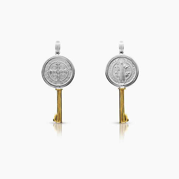 TWO TONE SAINT BENEDICT KEY MEDAL 28 mm (H) X 13 mm (L) IN (ITALIAN) 14K YELLOW AND WHITE GOLD