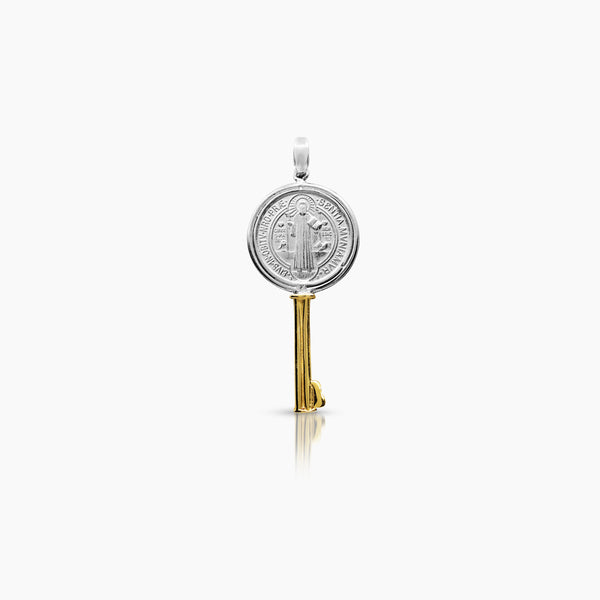 TWO TONE SAINT BENEDICT KEY MEDAL 28 mm (H) X 13 mm (L) IN (ITALIAN) 14K YELLOW AND WHITE GOLD