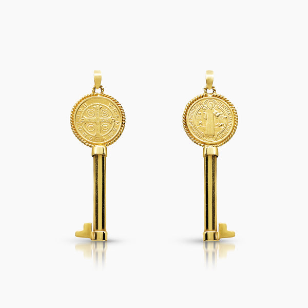 SAINT BENEDICT KEY MEDAL 36 mm (H) X 13 mm (L) IN (ITALIAN) 14K YELLOW GOLD