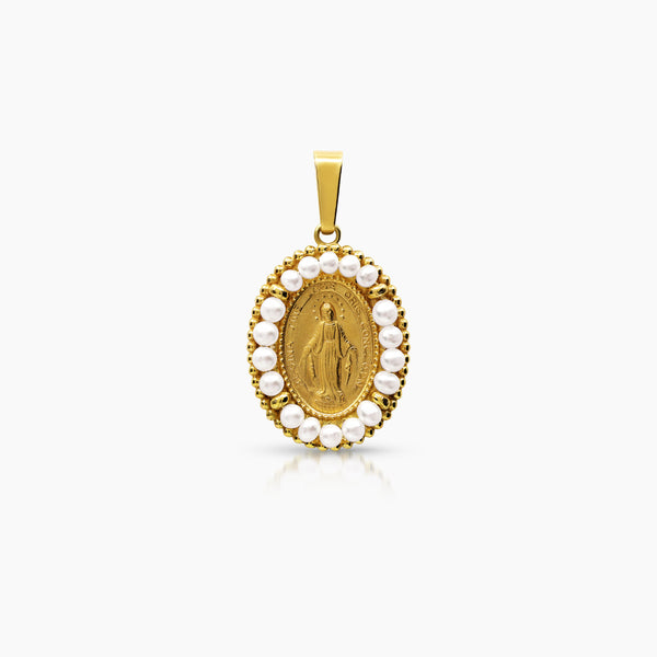 MARY MIRACULOUS PENDANT WITH WHITE PEARLS 23 mm (H) X 18 mm (L) IN 18K YELLOW GOLD
