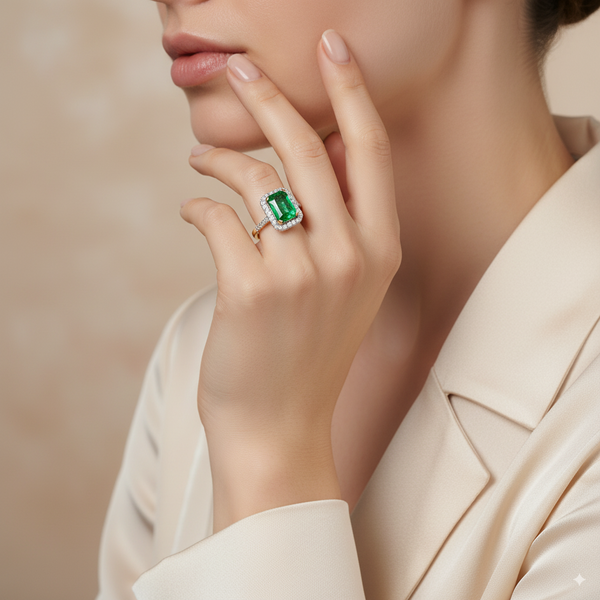 6.5 - DIAMOND AND EMERALD LADIES RINGS WITH 34=0.10 / 1EM=0.56 / 1.5 CARAT DIAMONDS IN 14K WHITE GOLD