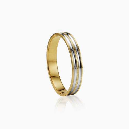 TWO-TONE WEDDING RING WITH DOUBLE WHITE GOLD INLAY IN (SPANISH) 18K YELLOW GOLD AND WHITE GOLD