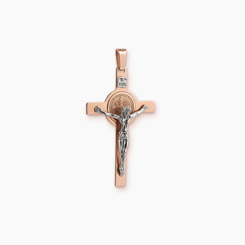 TWO-TONE SAINT BENEDICT CROSS PENDANT IN (SAUDI) 14K ROSE AND WHITE GOLD
