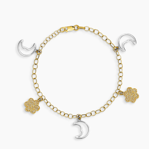 TWO-TONE OVAL LINK CHAIN BRACELET WITH MOON AND FLOWER PENDANTS IN 14K (ITALIAN) YELLOW AND WHIET GOLD