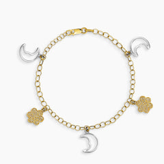 TWO-TONE OVAL LINK CHAIN BRACELET WITH MOON AND FLOWER PENDANTS IN 14K (ITALIAN) YELLOW AND WHIET GOLD