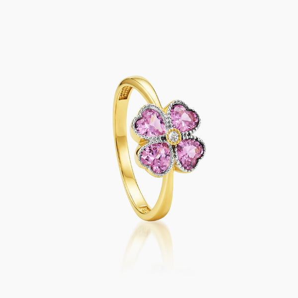 7 - HEART CLOVER LADIES RING WITH PINK GEMS IN (SAUDI) 18K YELLOW GOLD