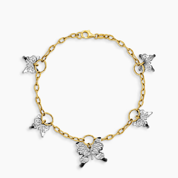 TWO-TONE TEXTURED CABLE CHAIN BRACELET WITH BUTTERFLAY PENDANTS IN 14K (ITALIAN) YELLOW AND WHITE GOLD