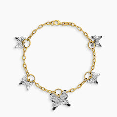 TWO-TONE TEXTURED CABLE CHAIN BRACELET WITH BUTTERFLAY PENDANTS IN 14K (ITALIAN) YELLOW AND WHITE GOLD