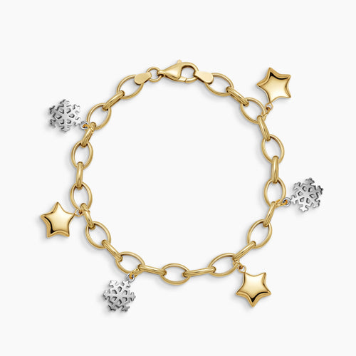 TWO-TONE SNOWFLAKE AND STAR CHARMS CHAIN BRACELET IN (SAUDI) 18K YELLOW GOLD AND WHITE