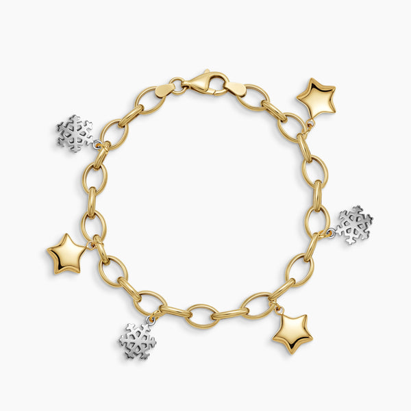 TWO-TONE SNOWFLAKE AND STAR CHARMS CHAIN BRACELET IN (SAUDI) 18K YELLOW GOLD AND WHITE
