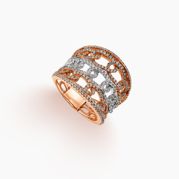 7.25 - TWO-TONE WIDE FILIGREE DIAMOND RING IN 18K ROSE AND WHITE GOLD