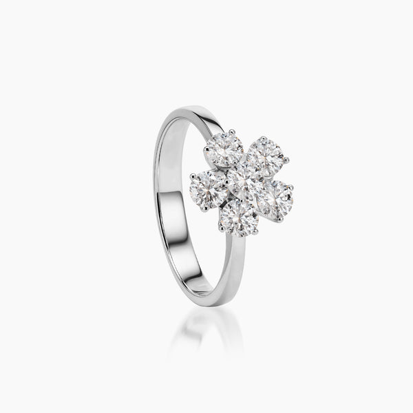 6.5 - DIAMOND FLOWER CLUSTER RING WITH 5=0.99/2.8 CARAT DIAMOND IN 14K WHITE GOLD
