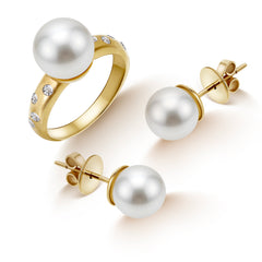 6.5 - ROUND WHITE SOUTH SEA PEARL TEXTURED LADIES RING WITH DIAMOND ACCENTS AND STUD EARRINGS SET IN 14K YELLOW GOLD
