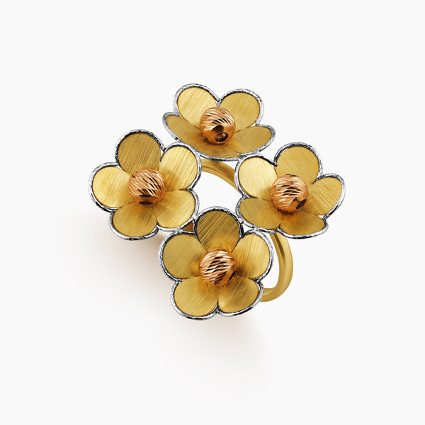 TRI-COLOR QUADRUPLET FLOWER RING WITH DIAMOND-CUT BORDERS AND TEXTURED BEADS IN (SAUDI) 18K YELLOW, WHITE, ROSE GOLD