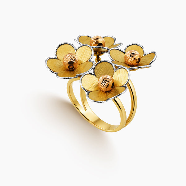 TRI-COLOR QUADRUPLET FLOWER RING WITH DIAMOND-CUT BORDERS AND TEXTURED BEADS IN (SAUDI) 18K YELLOW, WHITE, ROSE GOLD