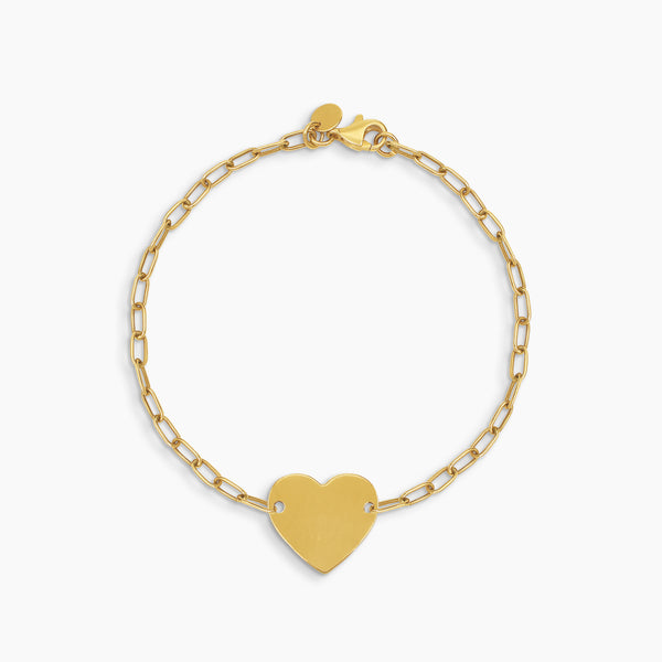 ENGRAVABLE PAPER CLIP BRACELET WITH HEART PENDANT IN (SAUDI) 18K YELLOW GOLD