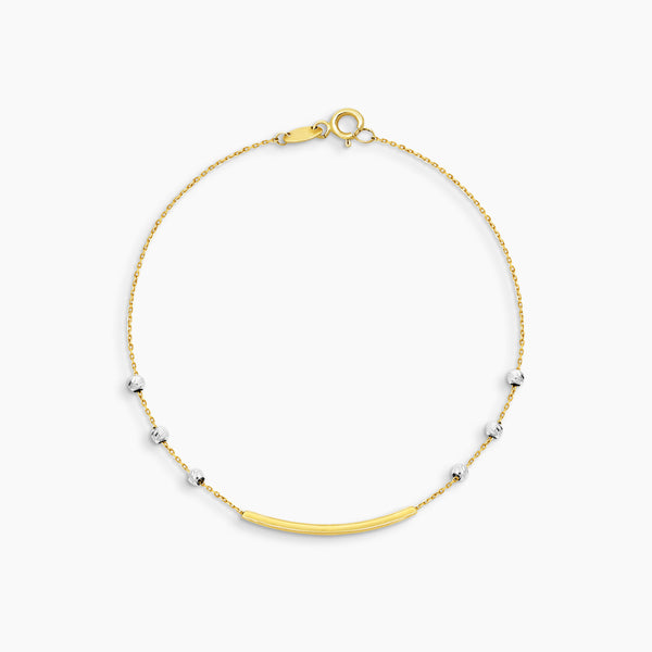 TWO-TONE BAR AND BEAD STATION CHAIN BRACELET IN (SAUDI) 18K YELLOW AND WHITE GOLD