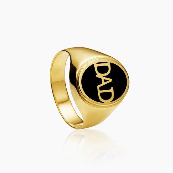 10 - BLACK ONYX INLAY "DAD" LETTERING MENS RING IN (SAUDI) 18K YELLOW GOLD