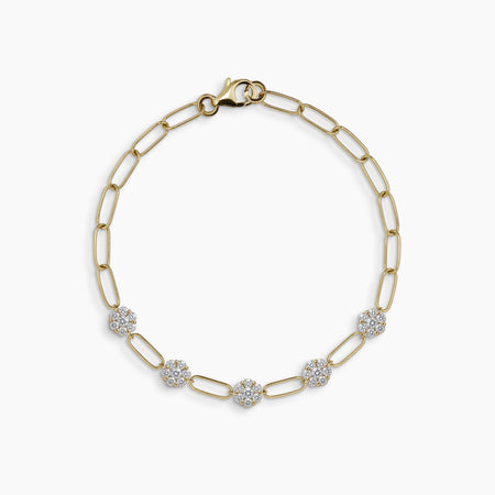 PAPERCLIP CHAIN LINK LADIES BRACELET WITH DIAMOND CLUSTERS IN 18K YELLOW GOLD