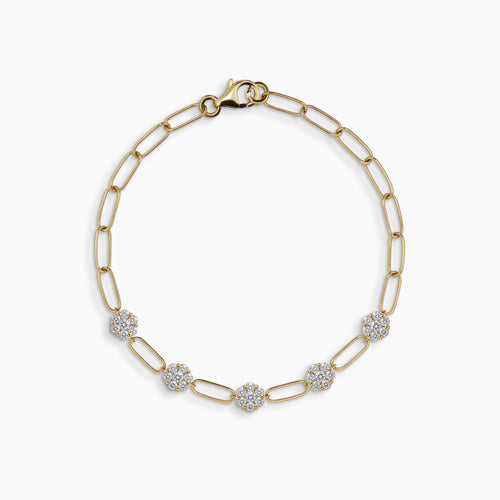 PAPERCLIP CHAIN LINK LADIES BRACELET WITH DIAMOND CLUSTERS IN 18K YELLOW GOLD