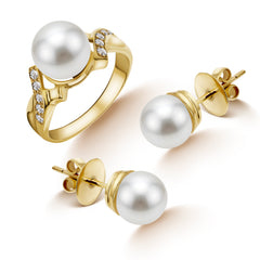 6 - ROUND WHITE FRESH WATER PEARL LADIES RING AND STUD EARRINGS SET WITH DIAMOND SPLIT SHANK IN 14K YELLOW GOLD