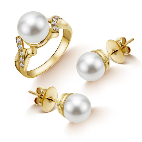 6 - ROUND WHITE FRESH WATER PEARL LADIES RING AND STUD EARRINGS SET WITH DIAMOND SPLIT SHANK IN 14K YELLOW GOLD