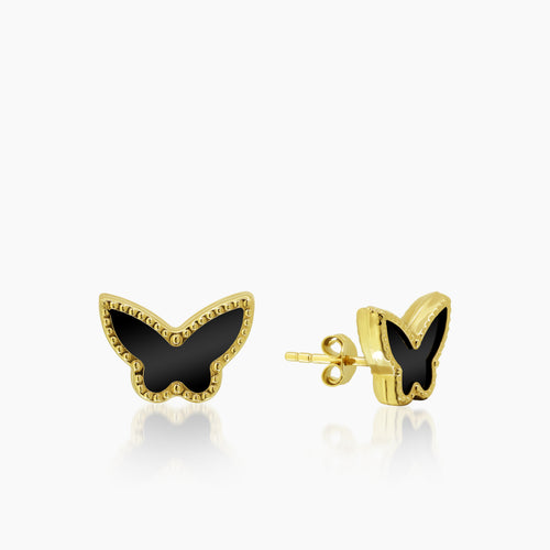BLACK ONYX BUTTERFLY LADIES STUD EARRINGS IN (SAUDI) 18K YELLOW GIKD