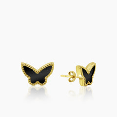 BLACK ONYX BUTTERFLY LADIES STUD EARRINGS IN (SAUDI) 18K YELLOW GIKD