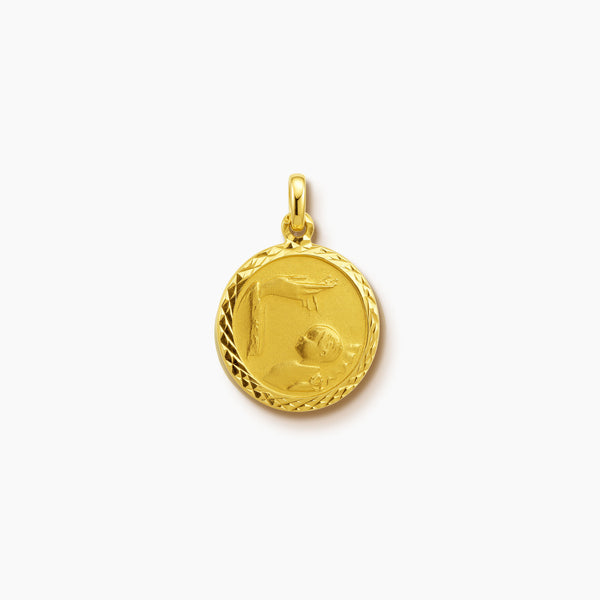 BAPTISM MEDAL WITH DIAMOND CUT TEXTURE BORDERS (ITALIAN) 18K YELLOW GOLD