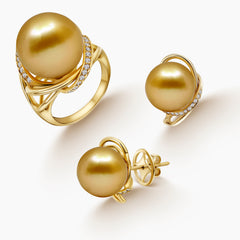 6 - ROUND GOLD SOUTH SEA PEARL LADIES RING AND STUD EARRINGS SET WITH DIAMOND ACCENTS IN 14K YELLOW GOLD