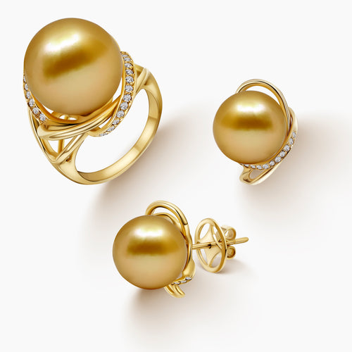 6 - ROUND GOLD SOUTH SEA PEARL LADIES RING AND STUD EARRINGS SET WITH DIAMOND ACCENTS IN 14K YELLOW GOLD