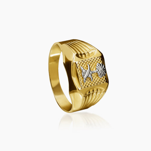 6 - TWO-TONE MENS RING WITH PALM TREE EMBLEM IN (SAUDI) 18K YELLOW AND WHITE GOLD