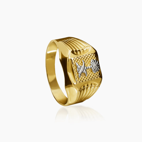 6 - TWO-TONE MENS RING WITH PALM TREE EMBLEM IN (SAUDI) 18K YELLOW AND WHITE GOLD