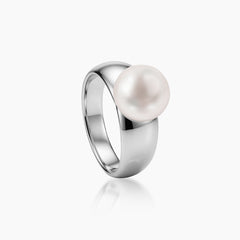 8.75 MM - BUTTON WHITE FRESH WATER PEARL LADIES RING IN 14K WHITE GOLD