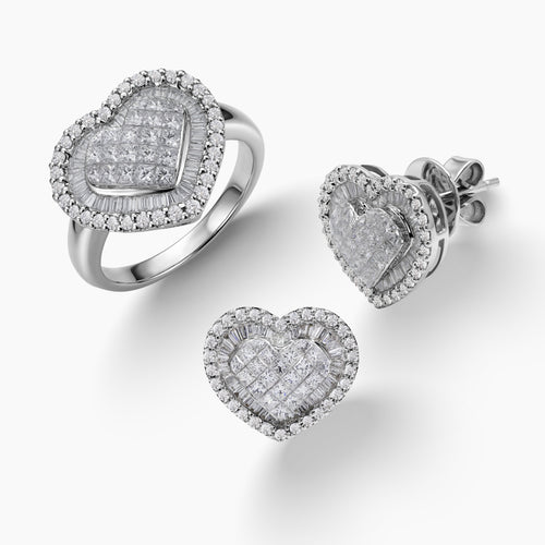 6.5 - HEART-SHAPED DIAMOND CLUSTER SET WITH LADIES RING AND STUD EARRINGS IN 18K WHITE GOLD