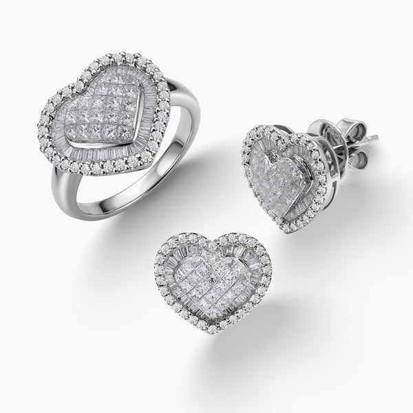 6.5 - HEART-SHAPED DIAMOND CLUSTER SET WITH LADIES RING AND STUD EARRINGS IN 18K WHITE GOLD