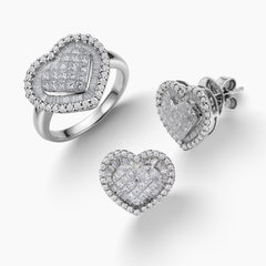 6.5 - HEART-SHAPED DIAMOND CLUSTER SET WITH LADIES RING AND STUD EARRINGS IN 18K WHITE GOLD
