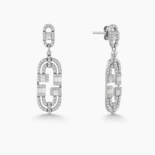 DIAMOND LINK DROP LADIES EARRINGS WITH ROUND AND BAGUETTE CUTS IN 18K WHITE GOLD