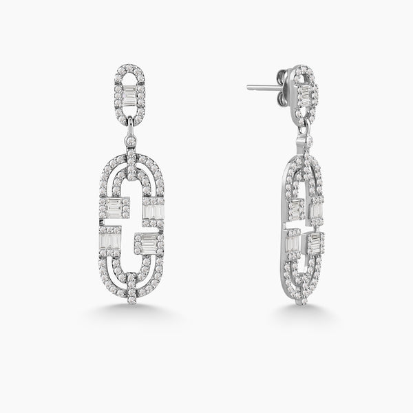 DIAMOND LINK DROP LADIES EARRINGS WITH ROUND AND BAGUETTE CUTS IN 18K WHITE GOLD