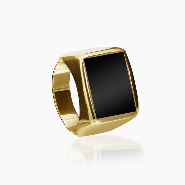 8.5 - SQUARE BLACK ONYX MENS RING IN (SAUDI) 18K YELLOW GOLD