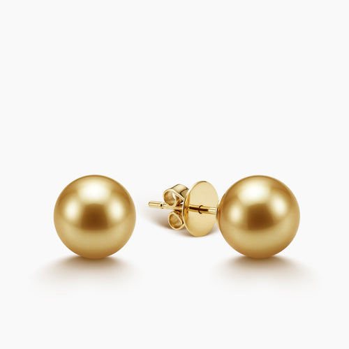 8.8 MM - ROUND GOLD SOUTH SEA PEARL LADIES STUD EARRINGS IN 14K YELLOW GOLD