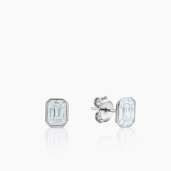 ILLUSION CUT EMERALD STUD EARRINGS WITH 18EM=0.76/ 1.38/ 1.5 CARAT DIAMONDS IN 18K WHITE GOLD